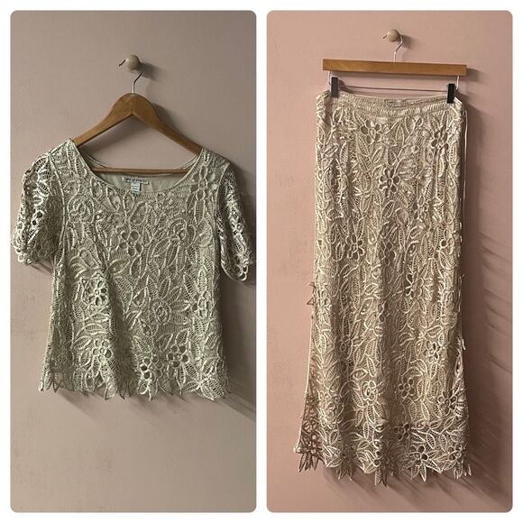 Vintage Silken Poetry Beige Silk Hand Crocheted Beaded Top & Skirt Set Sz M EUC - Picture 1 of 13